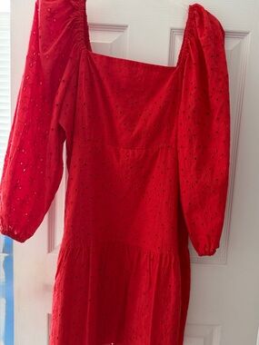 Girls' Red Eyelet Square-Neck Casual Dress with Puff Sleeves